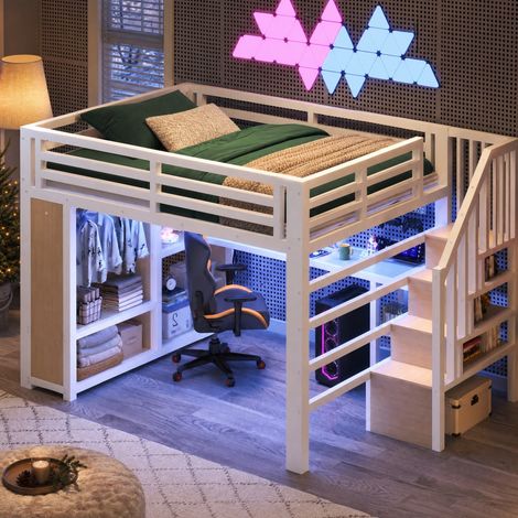 Gaming-Hochbett 140 x 200 cm aus Metall mit LED, USB-Ladestation, Schreibtisch und Stauraum, Weiß (1/5)