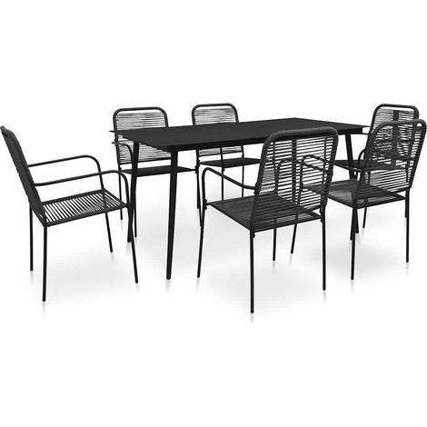 Ensemble repas extérieur 7 pièces en corde de coton et acier noir, table 150 x 80 cm - PANGIVO (1/5)