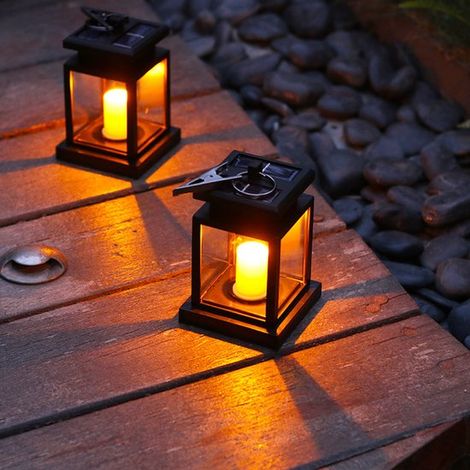 Confezione da 2 lanterne solari per illuminazione esterna. Piccole lanterne a forma di palazzo in stile candela per campeggio, patio, (1/5)