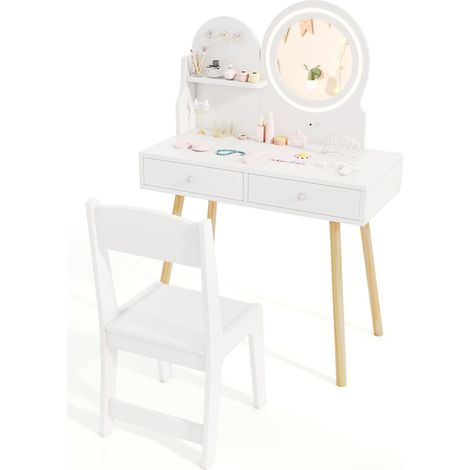 COSTWAY Princess Makeup Dressing Desk and Chair Set Kids Vanity Set-White (1/5)