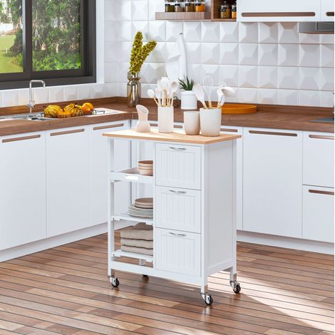 Carrello da cucina con 3 cassetti, 3 livelli, piano di lavoro bianco HAVRYA (1/5)