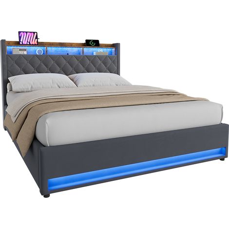Cama tapizada 160x200 cm de terciopelo gris oscuro con somier de láminas, cabecero y espuma elástica, estructura MDF y metal para dormitorio – CHICFURN (1/5)