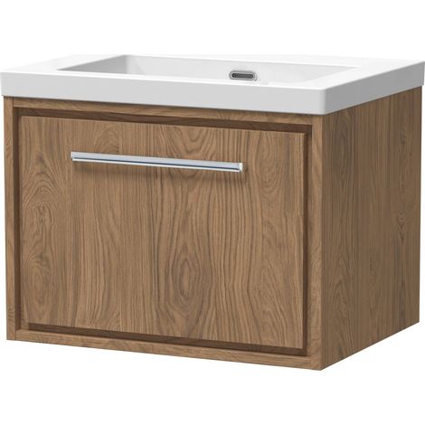 Longnor 1 Drawer Wall Hung Vanity Unit with 1 Tap Hole Modern Fireclay Basin, Antique Oak, 600mm