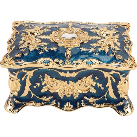 Boîte à bijoux vintage, style européen, doublure en velours exquis, coffret de rangement à bijoux en alliage de zinc, édition anniversaire, or et bleu.