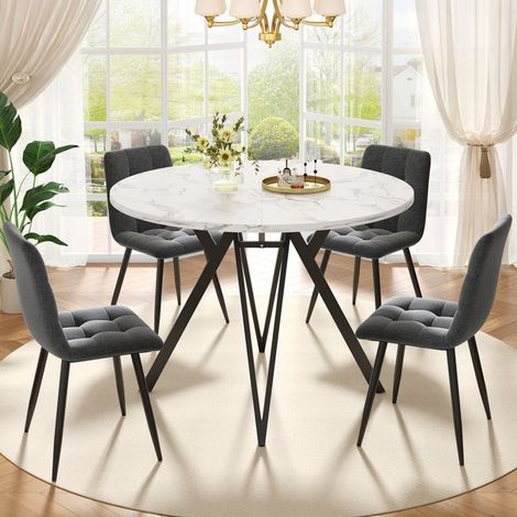 Ensemble repas - Table ronde Ø100 cm + 4 chaises - Plateau MDF effet marbre - Piètement métal noir réglable - Chaises lin gris (1/5)