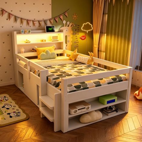 Multifunktionsbett 90x200 cm Weiß – Kinderbett mit Stauraum, Schiebetüren & Regalen – Holzbett inklusive LED-Beleuchtung, USB & Rausfallschutz (1/5)