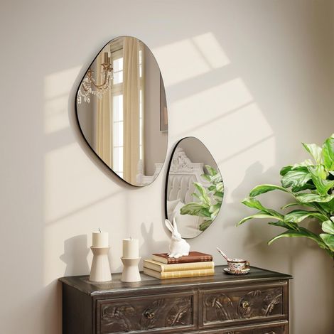 REDOM Set di 2 specchi da parete 70x46x2.5 cm e 49.5x31x2.5 cm, forma a ciottolo, cornice in metallo, vetro, nero
