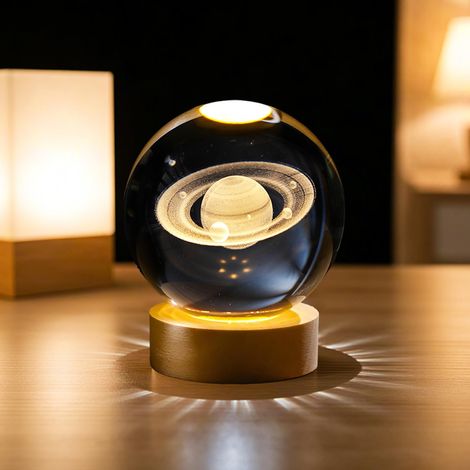 Veilleuse 3D Boule de Cristal Saturne, Base en Bois LED, Cadeau Astronomie Enfant, Décoration Chambre