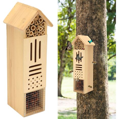 Hôtel pour Insectes Maison en Bois à Suspendre pour Abeilles Refuge Niche Jardins Extérieur Intérieur Maison Aménagement Bois Bambou Cône Pin 529g