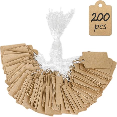 200 etiquetas de precio de papel Kraft, 2,5 cm, aptas para escribir, para etiquetado de tiendas, ropa, joyería, para colgar, etiquetas en blanco, con cordones para colgar, 3,5 x 2,2 cm