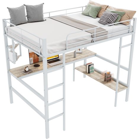 Lit mezzanine 90x200 cm en métal blanc avec bureau, 4 étagères triangulaires, grande bibliothèque et échelle stable pour chambre, étude et gain de place CHICFURN (1/5)