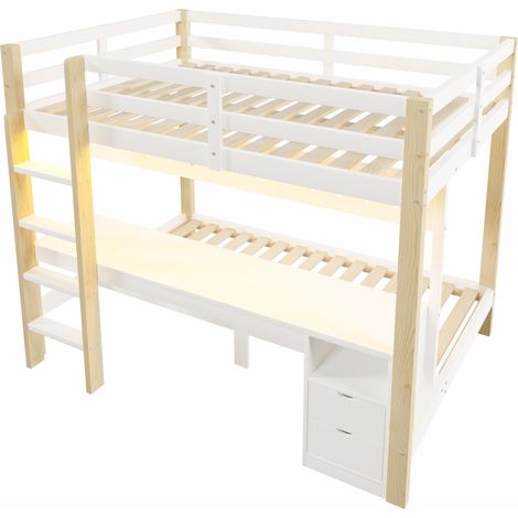 Litera de madera 140x200/90x200 con escritorio, cajones y LED MODENUIT (1/5)