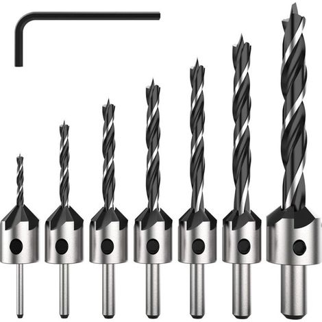 7 Pièce HSS 5 Flûte Jeu de Foret Fraise Bit de Vis à Bois Chanfrein pour Diverses vis de Longueur par Simple Desserrer et Resserrer la vis, 3-6mm Set Outil.. (1/5)