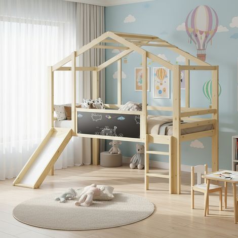 Letto a casetta 90 x 200 cm design mansardato con scala di sicurezza, scivolo e lavagna, sommier a doghe, letto singolo in legno massello, per camera bambini - Colore legno chiaro (1/5)