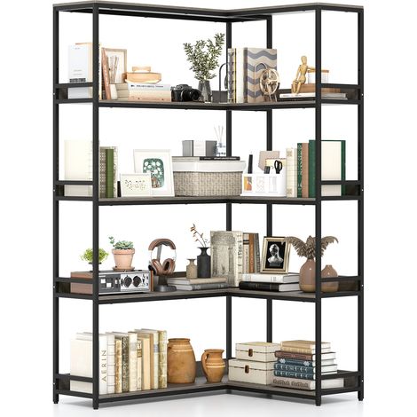COSTWAY 180 cm Tall Corner Bookshelf 5-Tier L-Shaped Bookcase-Oak (1/5)