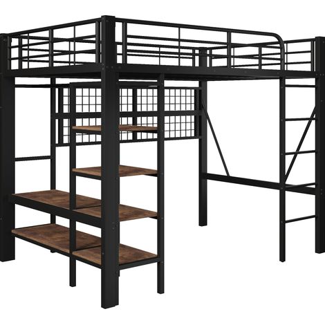 Lit mezzanine 140 x 200 cm en métal et MDF, noir, avec LED, rangement et tringle (1/5)