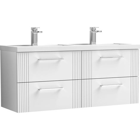 Belvide Partial Fluted 4 Drawer Wall Hung Vanity Unit with Double Polymarble Basin - 1200mm - Satin White