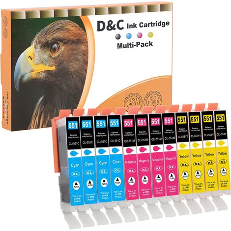 12x 551XL Cartouches d'encre Compatibles avec Canon CLI-551 XL Cartouches pour Canon Pixma IP8750 IP7250 MG5650 MG5550 MX725 IX6850 MG6450 MG5450 MG6350 IP7200 MG6650 MX920 IX6800 MG5655 IX6820 (1/5)