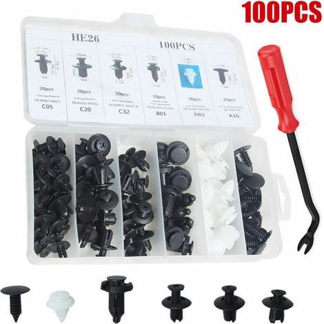 100 Pieces Clips De Retenue De Voiture Corps En Plastique Rivets Attaches Pousser Pare-Chocs Porte Garniture Panneau Vis Avec Outil De Retrait (1/5)