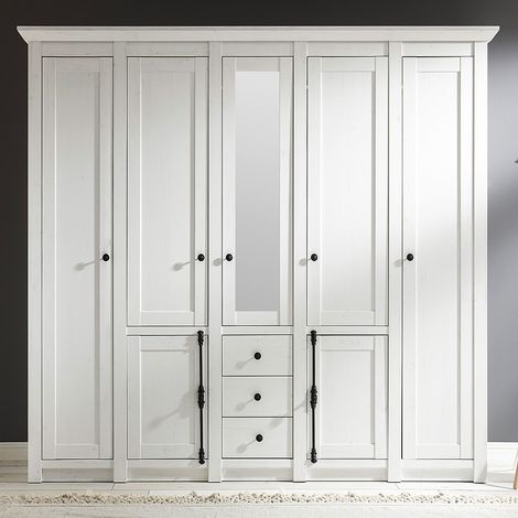 Großer Landhaus Kleiderschrank WINGST-61 mit Spiegel und Kleiderstankgen im Pinie weiß Nb. B/H/T ca. 227x206x64cm (1/5)