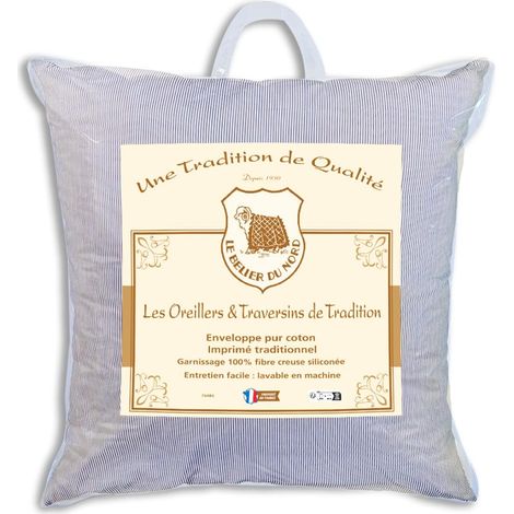 Oreiller Vintage Tradition à rayures Blanc/Bleu clair, Confort Moelleux, 60x60 cm (1/5)