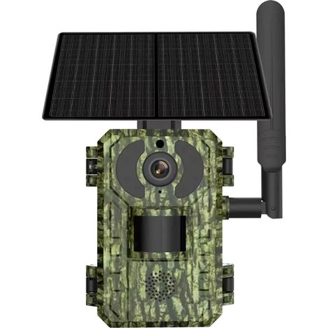 Caméra de chasse solaire 4G camouflage extérieur 4MP 2.5K, caméra surveillance animaux sauvages autonome panneau solaire + batterie intégrée, vision infrarouge 25m, objectif F1.6 capteur CMOS 1/3, éta (1/4)