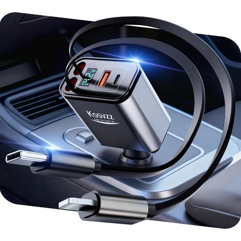4 en 1 Rétractable Chargeur Allume Cigare USB C 69W  24/12V Chargeur Voiture USB Rapide, Accessoire Voiture Interieur 180° Pliable, pour iPhone 17/16/15, Galaxy, Android (1/5)