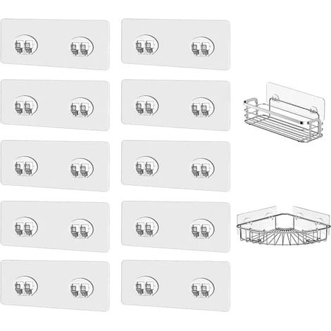 Lot de 10 crochets adhésifs transparents et résistants, sans perçage, en plastique PC, pour paniers de douche, étagères de salle de bain et de cuisine. (1/4)