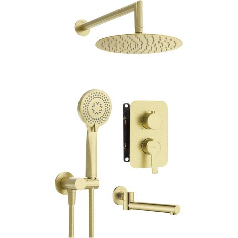 Ensemble de douche encastré avec mitigeur, douchette, pomme de douche et bec verseur en or brossé - Arvo
