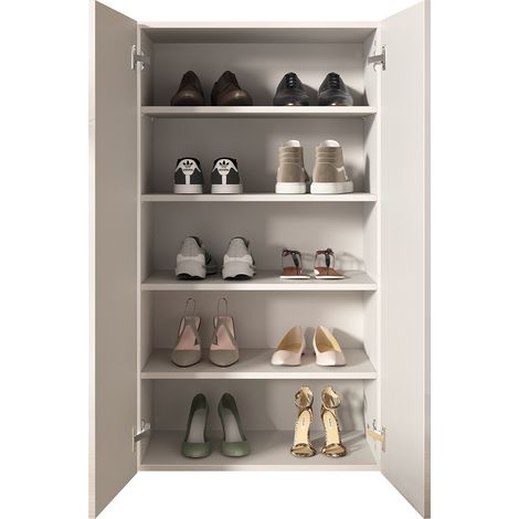 Sneakerschrank Rodengo, Schuhschrank für 15 Paare, 4 Ebenen Made in Italy, 2 Türen, 63x35x116h cm Hochglanz Weiß