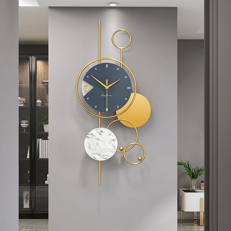 Moderne, geräuschlose, dekorative Wanduhr für Wohnzimmer, Büro, Schlafzimmer, Holz und Metall mit Marmorstruktur, 32 x 70 cm, Messing-Uhrwerk, inklusive Griffe (1/5)