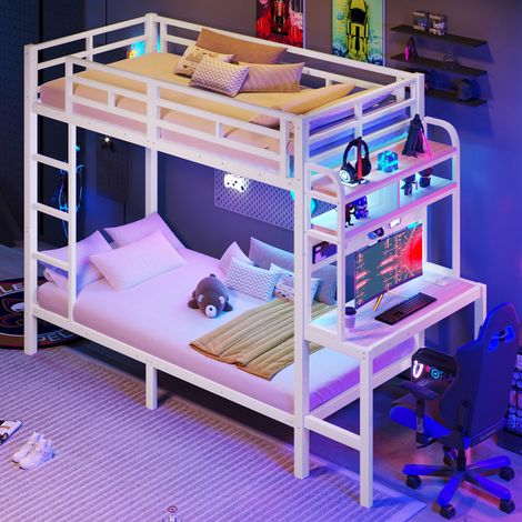 Lit superposé enfant 90x200cm avec bureau, compartiment de rangement, LED, port USB, métal et MDF, sans matelas, blanc (1/5)