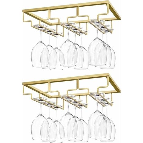 Hanging Stemware Holder, [2 Pack] Hanging Wine Glass Holder, Wine Glass Rack with 3 Rails for Under Shelf, Glass Cabinet, Chrome Wall Hanging, Kitchen Bar - Gold MUMU (1/4)