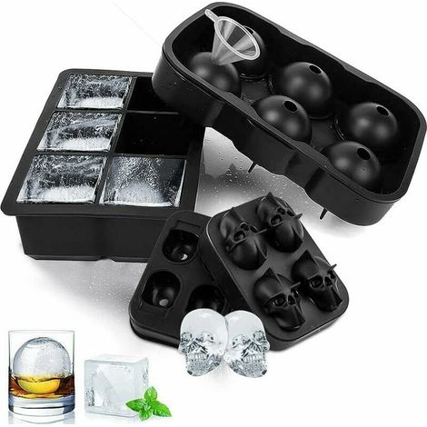 Bac Glacon Silicone,GEYUEYA Home Géant Glacon Moule Cubes Moule à Glaçon Sphérique Rond et Carré avec Couvercle Ice Cube Tray pour Whisky,Cocktail,Boissons,Bière,Glaçons aux Fruits DIY Lot de 3 (1/5)