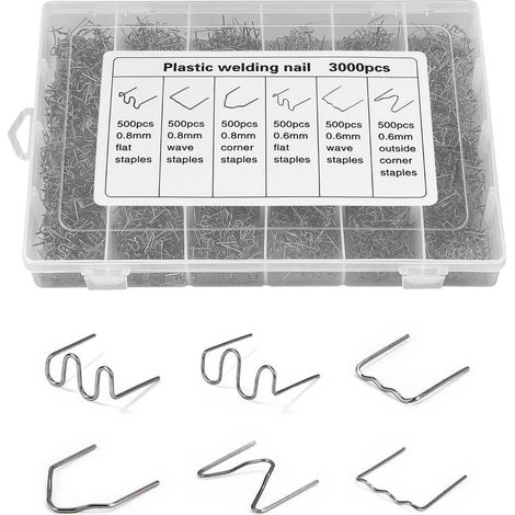 3000 PCS Soudure Plastique Agrafe, 6 types d'agrafes, Agrafes de Soudage de VoitureBaguettes de Soudage Agrafe pour Réparation de Pare-Chocs de Voiture, Soudage de Carrosserie, Agrafes Inoxydable