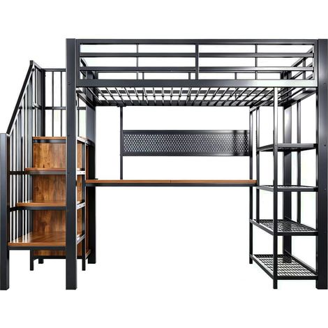 Letto a soppalco in metallo 90 x 200 cm con scrivania, mensole, LED e prese, nero (1/5)