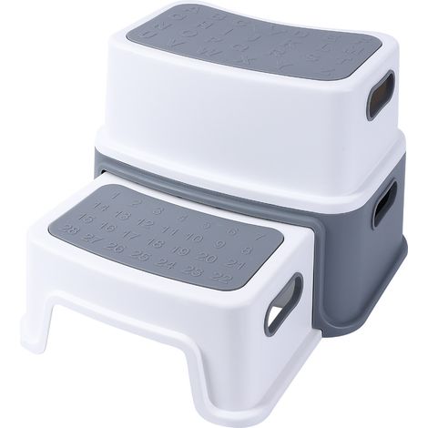 Marchepied 2 marches enfant extra large – Surface antidérapante, robuste, stable – Avec poignées, facile à nettoyer – Pour apprentissage propreté, salle de bain, cuisine – Supporte 150kg – Couleur gri
