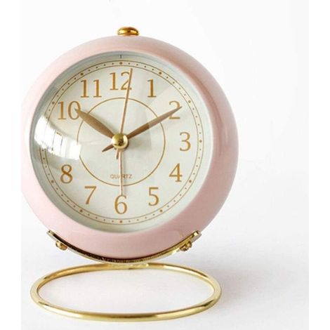 Reloj despertador de mesita de noche rosa retro silencioso, de cuarzo, a pilas, con luz nocturna para dormitorio. (1/5)