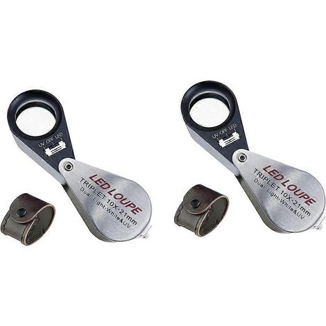 Lot de 2 loupes de bijoutier à grossissement 10X avec triplet de lentilles et 6 LED UV (21 mm) pour l'examen des pierres précieuses, bijoux, pièces de monnaie et timbres.