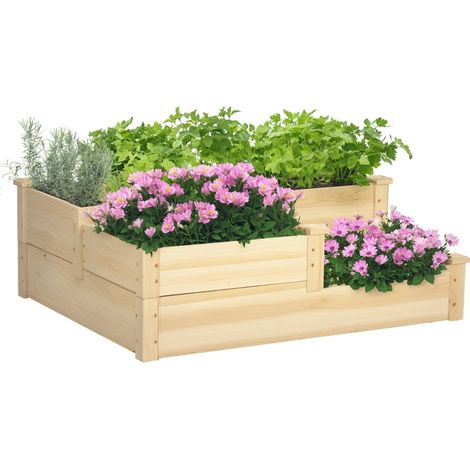 Jardinière surélevée avec 3 bacs à plantes, conception à 3 niveaux, base ouverte, 108 cm x 88 cm x 36 cm, naturelle (1/3)