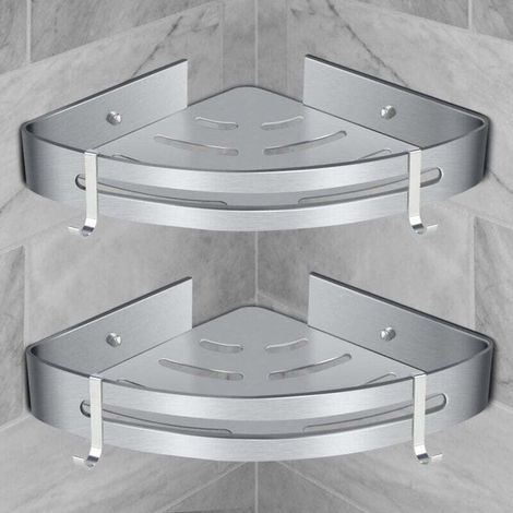 Mensola angolare da doccia in alluminio senza forature – Carico massimo 18 kg – Set di 2 modelli color argento per il bagno (1/3)