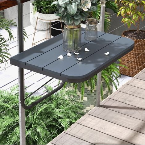 Balkontisch zum Einhängen, klappbar, Aluminium schwarz, Tischplatte in Holzoptik 60 x 40 cm, höhenverstellbar (1/5)