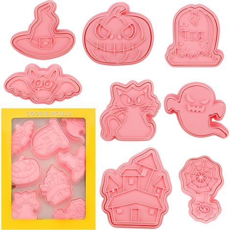 8 Pièces Emporte Piece Halloween Emporte Piece Patisserie Plastique Halloween Moule à Biscuit Formes 3D Moule Biscuit Set Halloween Batte Fantôme Château Citrouille Tombstone Araignée DIY Cuire Décor (1/5)