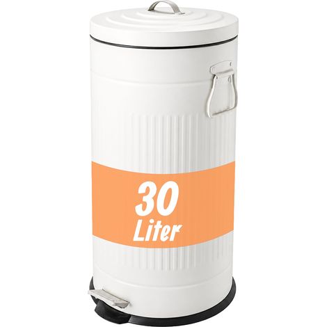 Relaxdays Mülleimer, 30 Liter, Küche, entnehmbarer Inneneimer, Fußpedal, Softclose, Metall, Retro Tretmülleimer, weiß (1/5)