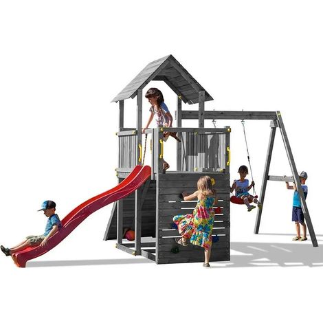 Scivolo Altalena e Arrampicata in legno Fungoo Carol 3 Grigio gioco per giardino (1/5)