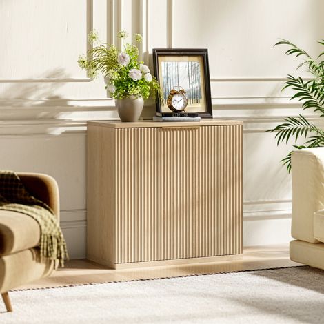 Sideboard MDF Eiche 80x40x80 cm, 2 Türen mit Rillenfront und Metallgriff