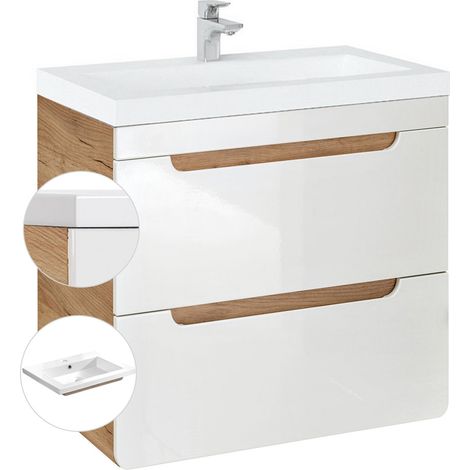 Waschtischunterschrank 61 cm mit Keramik-Waschtisch LUTON-56 Hochglanz weiß mit Wotan Eiche Nb. B/H/T ca. 61/63/46 cm (1/5)