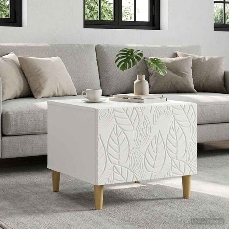 Table basse avec tiroir, bois d’ingénierie blanc et pieds en eucalyptus, 50 x 49 x 40 cm - PANGIVO (1/5)