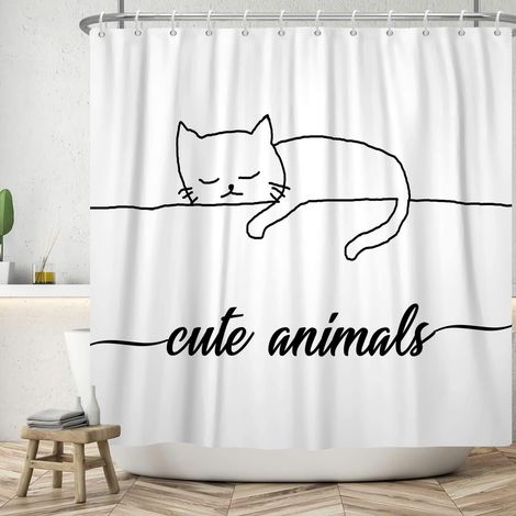 152x183cm Rideau de Douche Chat Mignon Lignes Abstraites, Chat Endormi, Animaux Mignons Imperméable, Lavable pour Baignoire et Animaux de Compagnie (1/5)