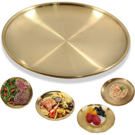 Platos llanos, plato redondo de acero inoxidable, plato para servir, ensaladas, comidas, filetes, pasteles, fruta y dulces (20 x 1,7 cm, dorado) (1/5)